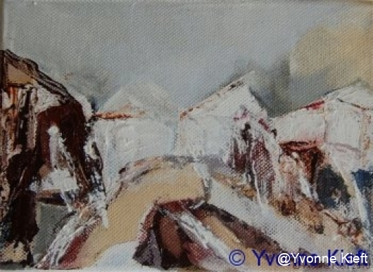 Landschappelijk; Dorpsplein, acryl op doek 13x10cm. Yvonne Kieft 2009