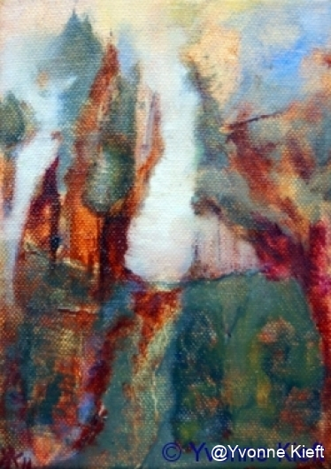 Landschap III; de open plek, olieverf op doek 18x13 Yvonne Kieft 2011