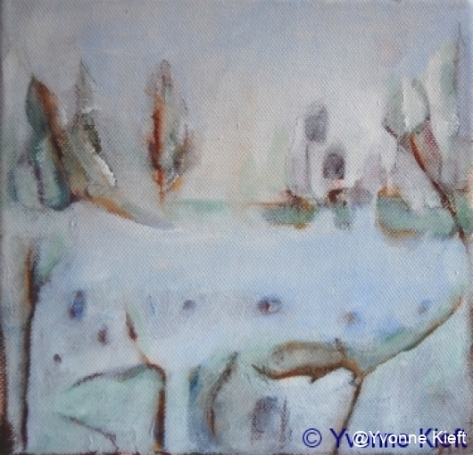 ●Landschap III, olieverf op doek 20x20x3 cm. Yvonne Kieft 2010
