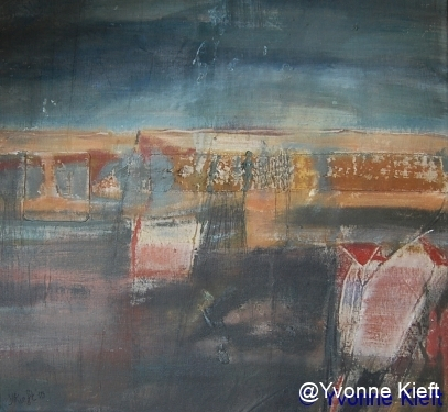 Nes ad Amstel I 65x60, acryl op oud zeildoek 2010 Y. Kieft